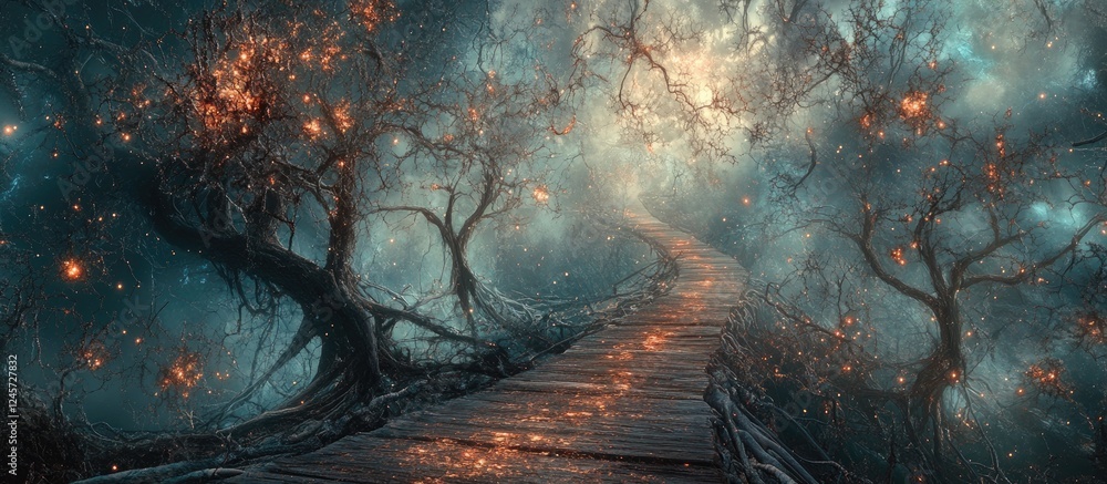 Poster mystical forest pathway illuminated by glowing orbs, winding through dark trees under a soft light, 