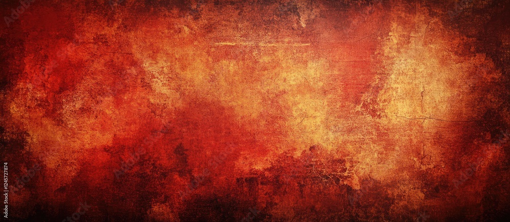 Poster textured abstract grunge wall surface in deep red and orange tones with layered patterns creating a 
