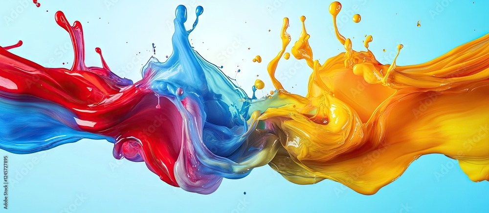 Poster vibrant paint splashes in red, blue, and yellow flowing smoothly in a dynamic wave pattern against a