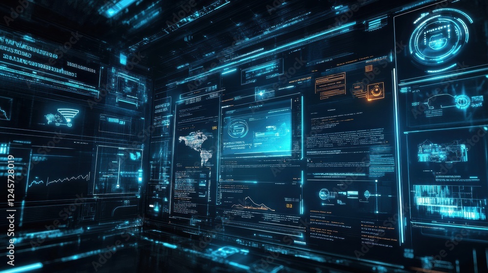 Poster futuristic technology interface displaying data and analytics insights