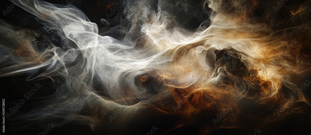 Poster abstract composition of swirling smoke in shades of white and orange against a dark backdrop creatin