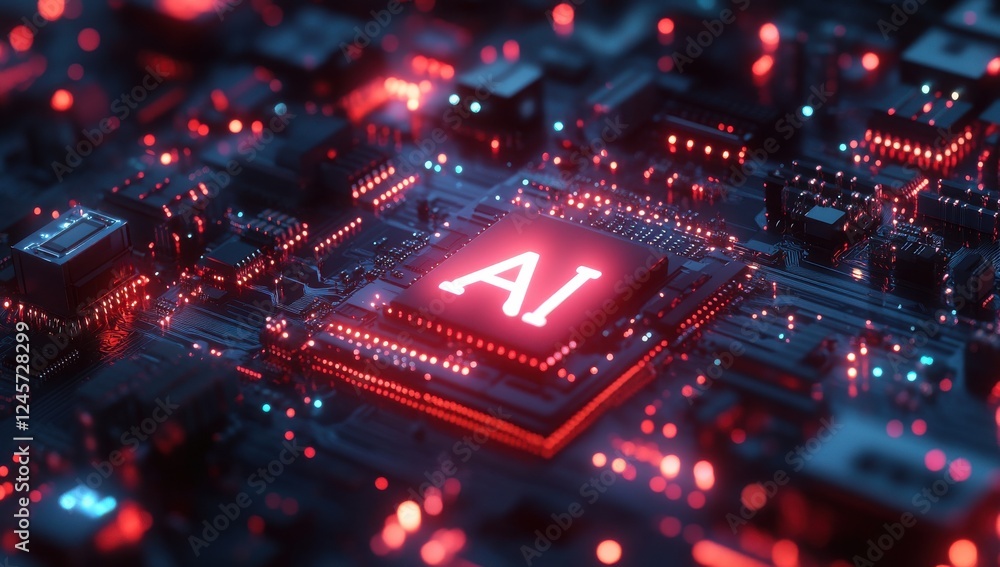 Poster close-up of futuristic circuit board with ai chip illuminated in red and blue glow, symbolizing adva