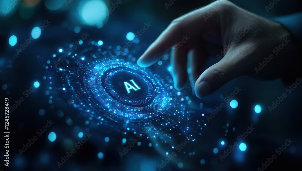 Poster close-up of hand reaching for futuristic ai interface surrounded by glowing digital particles on a d