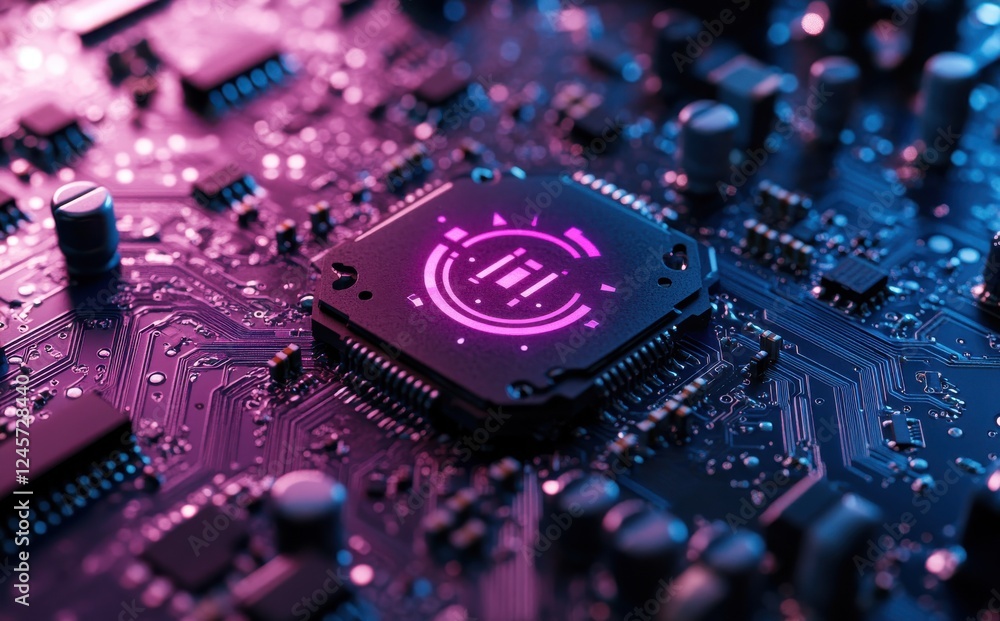Poster close-up of futuristic circuit board with colorful microchip and neon lights highlighting technology