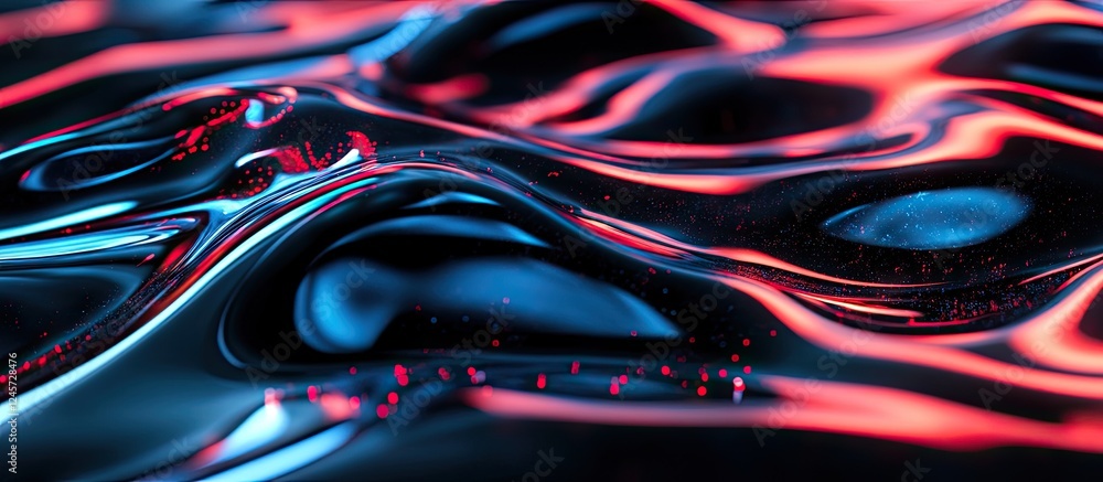 Aufkleber glossy black surface with vibrant neon blue and red lines creating waves and reflections for a moder