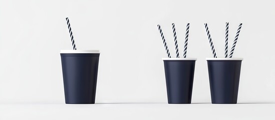 Navy blue paper straws in white-topped tumblers arranged on a clean white backdrop ideal for eco-friendly beverage branding and restaurant design.