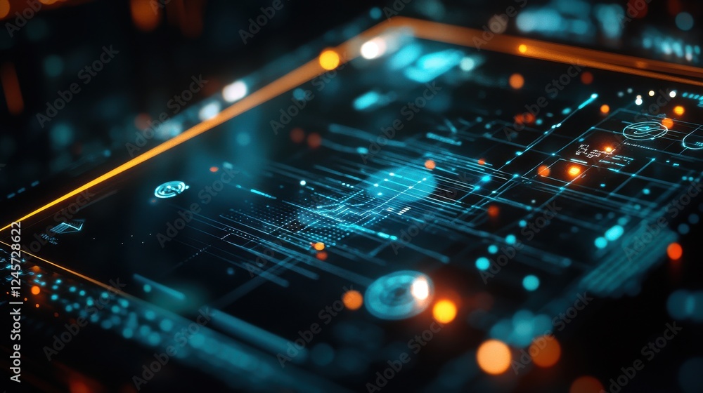 Poster futuristic technology interface with nodes and data visualization elements