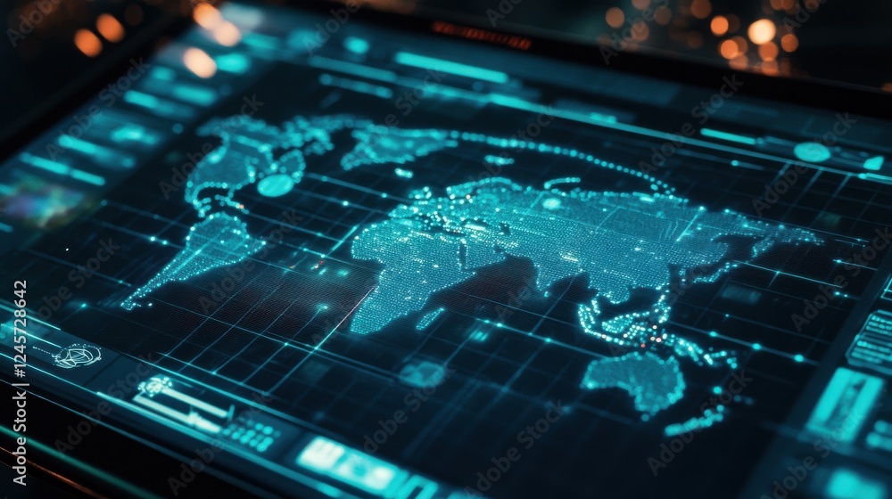 Poster Digital Map Display with Global Connectivity and Data Visualization
