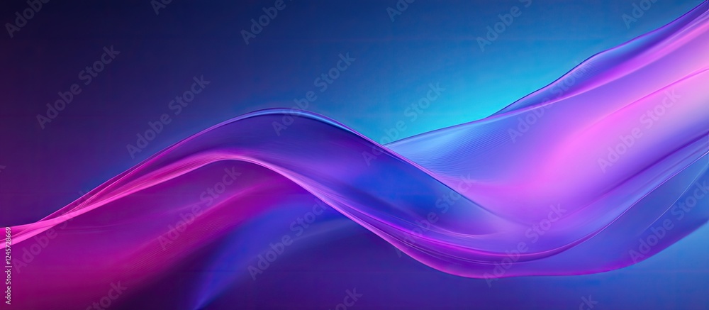 Poster vibrant neon waves in vivid purple and blue hues flowing smoothly across a gradient background creat