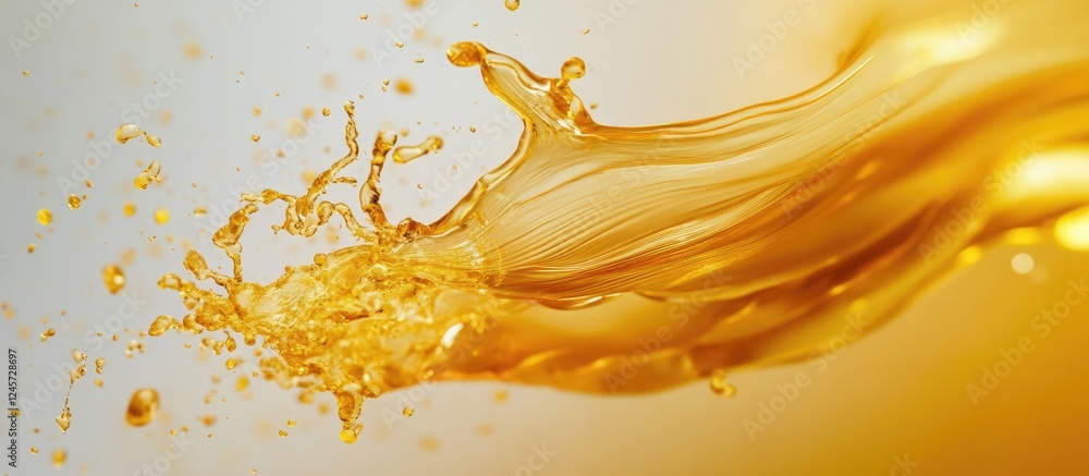 Poster golden liquid splash with dynamic movement against a soft gradient background of pale yellow and whi
