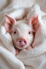 A cute piglet wrapped in soft white blankets, with its pink nose peeking out from the cozy blanket. Cute and funny animal cover