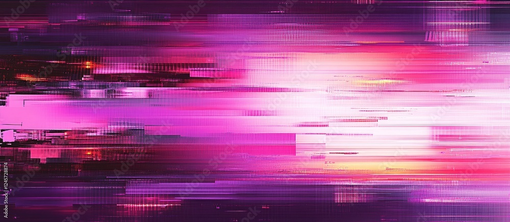 Poster dynamic abstract background in vibrant purple and pink hues with horizontal glitch lines and bold, e