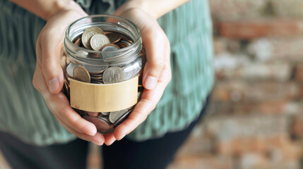 A person holds a jar filled with coins, symbolizing savings, financial goals, or budgeting. Ideal for finance and lifestyle themes.