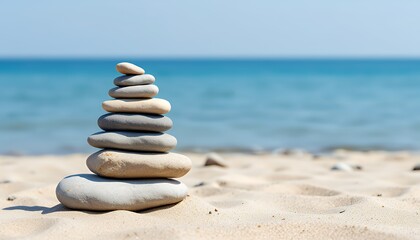 Balanced stones on beach, serenity by the sea