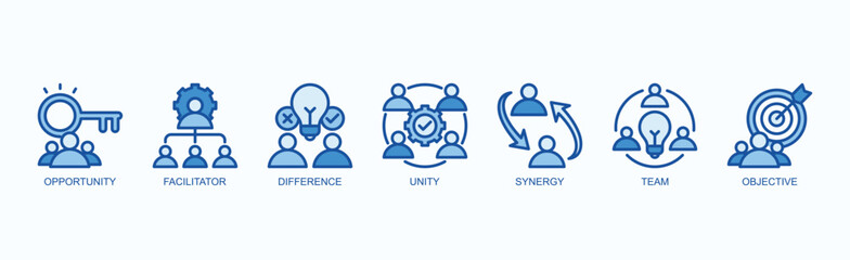 Key Elements Icon Set Isolated Vector Illustration Concept With Icon Of Opportunity, Facilitator, Difference, Unity, Synergy, Team, Objective In Blue Style