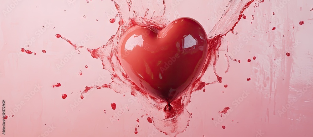 Poster vibrant red heart balloon bursting against soft pink background with splashes of color creating a st