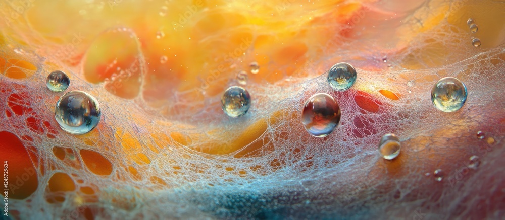 Poster vibrant abstract image featuring bubbles with a gradient of orange and blue tones, intricate swirls 