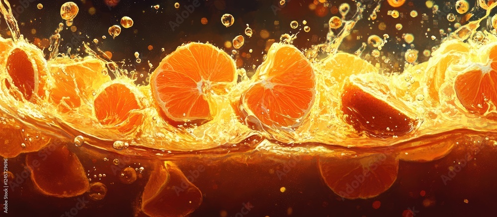 Poster vibrant orange tangerine slices splashing in clear water creating a refreshing scene with dynamic bu