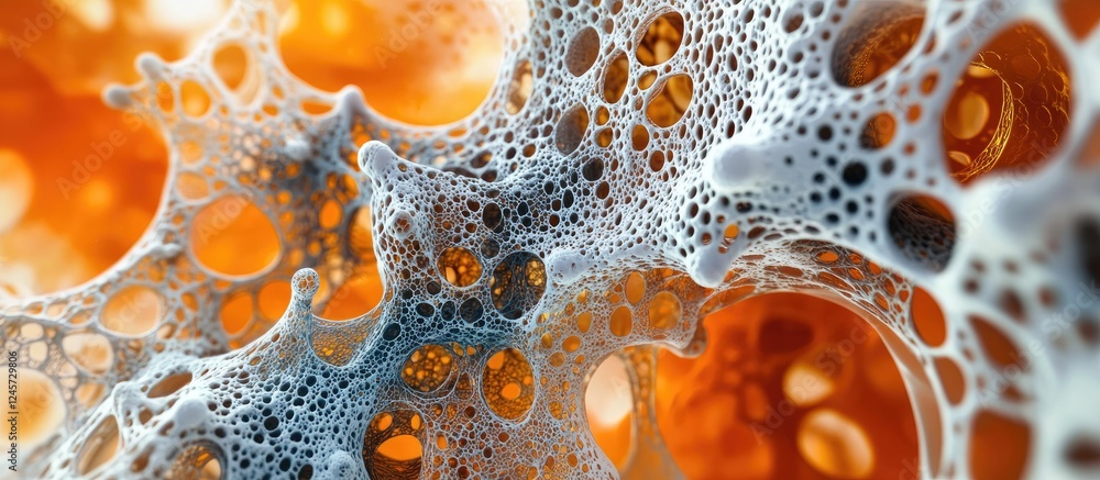 Poster microscopic visualization of intricate cellular structures with orange and white hues, showcasing de