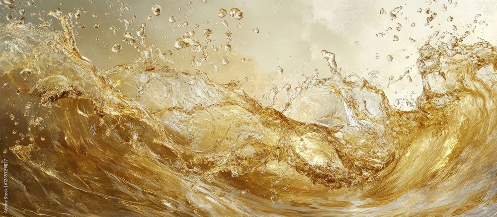 Poster golden liquid droplets splashing through dark amber water waves creating dynamic motion with smooth 