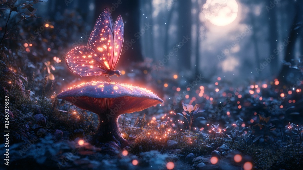 Aufkleber enchanted forest scene featuring lone fairy on a luminescent mushroom under a full moon with biolumi