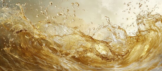 Naklejka premium Golden liquid droplets splashing through dark amber water waves creating dynamic motion with smooth textures and glistening reflections in the background