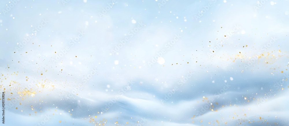 Poster soft blue sky background with delicate white clouds and sparkling snowflakes, creating a serene wint