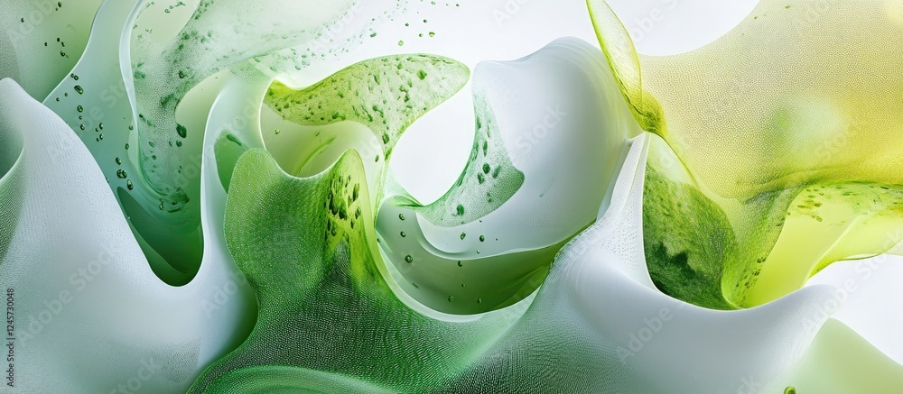Poster fluid abstract design with green and white hues swirling together creating a vibrant interplay of sh