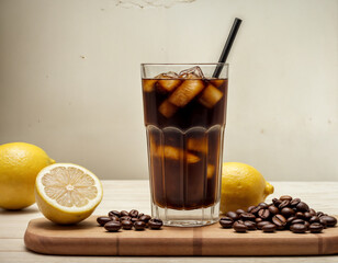 Glass with cold brew and coffee beans, lemon and rosemary on wooden board against light background, top down view