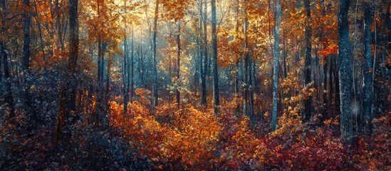 Vibrant autumn forest with warm orange and yellow leaves under soft sunlight creating depth among tall trees in a serene natural landscape
