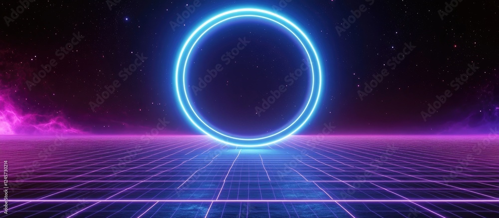 Poster bright blue neon circle spinning in a dark outer space background, surrounded by vibrant pink and pu