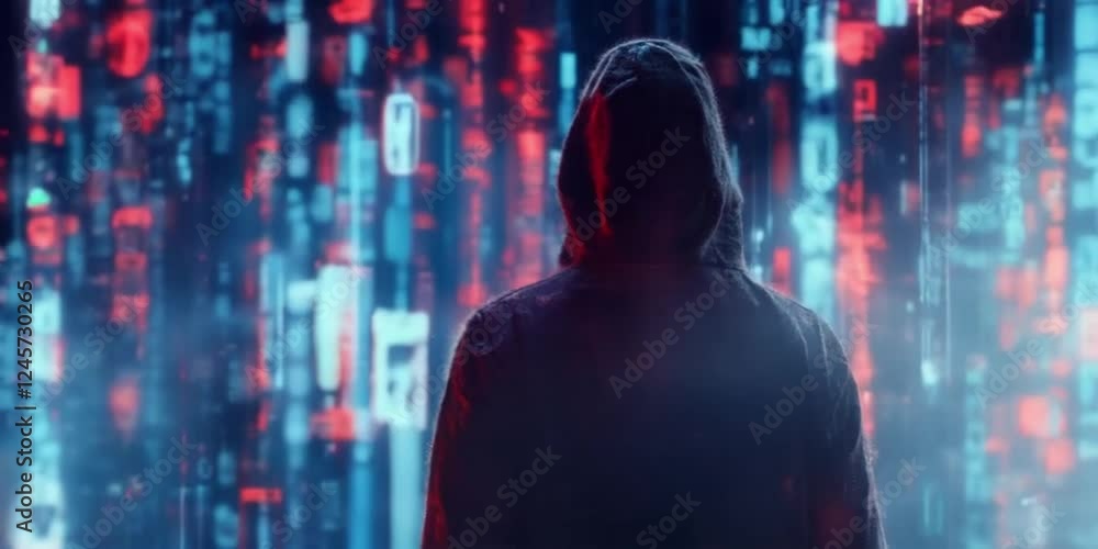 Poster anonymous hacker in digital rain: cybersecurity threat