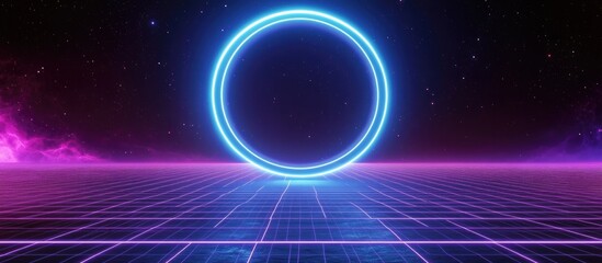 Bright blue neon circle spinning in a dark outer space background, surrounded by vibrant pink and purple grid lines creating a mesmerizing visual effect
