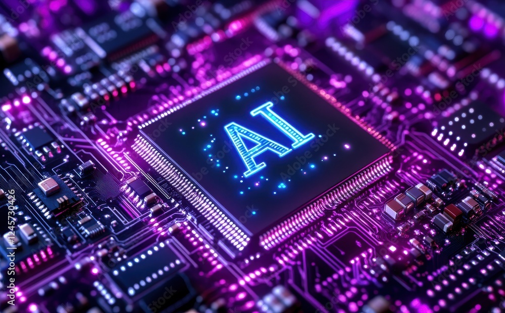 Poster close-up view of a modern microchip featuring the letters ai on a colorful printed circuit board in 