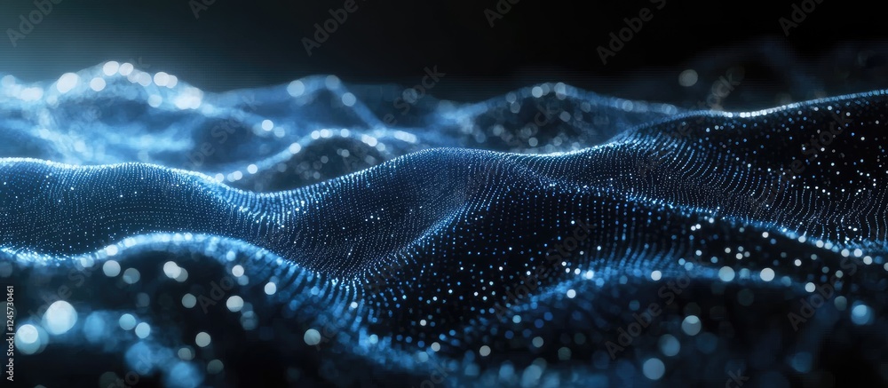Poster abstract blue wave patterns with glowing dots on a black background, creating a dynamic and futurist