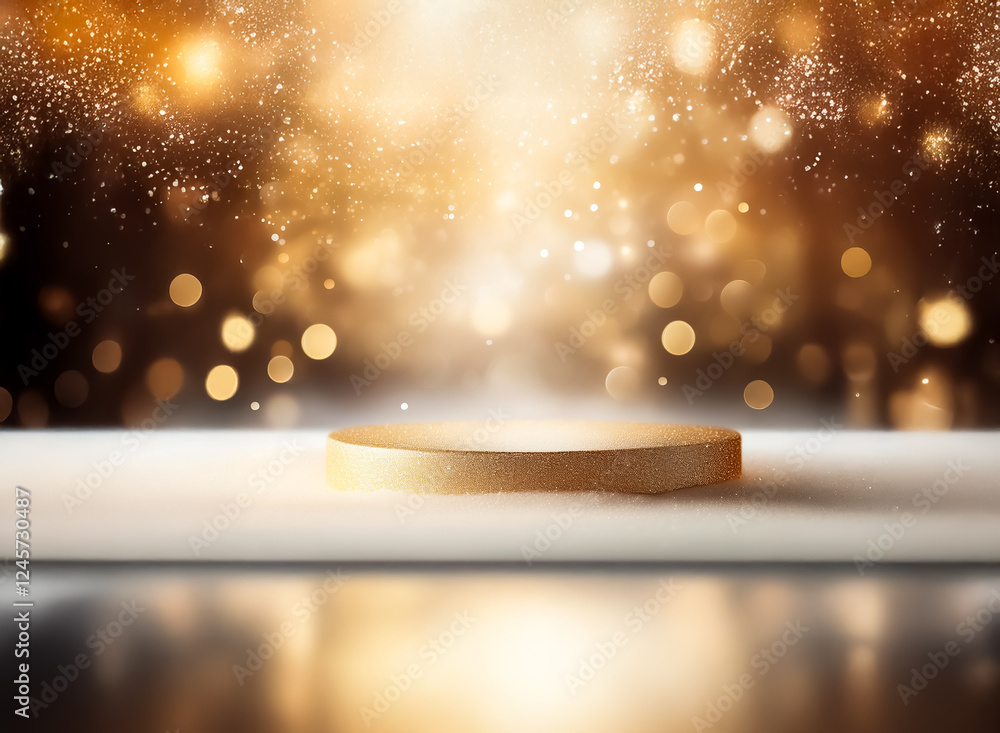 Poster a golden podium is illuminated by a radiant, sparkling light against a dark backdrop with bokeh effe