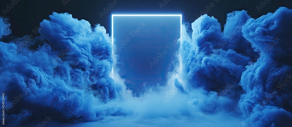 Poster blue abstract void design featuring a glowing rectangular border positioned centrally surrounded by 