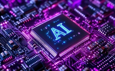 Close-Up View of a Modern Microchip Featuring the Letters AI on a Colorful Printed Circuit Board in a Futuristic Digital Environment