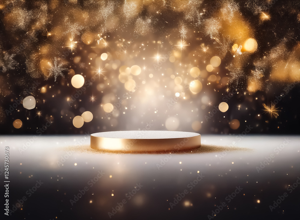 Poster golden round platform illuminated by a soft spotlight, set against a backdrop of blurred golden boke