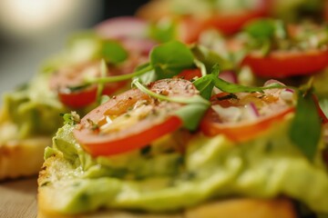 Freshly prepared avocado toast topped with tomatoes and herbs served on a wooden board at a cozy caf&eacute;