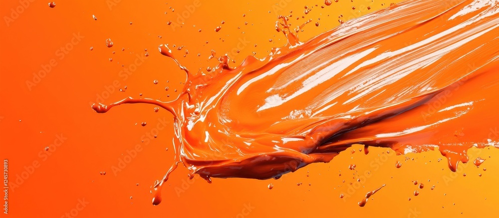 Poster vibrant orange paint splashes across a warm gradient backdrop with smooth flowing textures and dynam