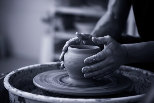 A potter's hands skillfully shaping clay on a spinning wheel, creating a beautiful vessel.