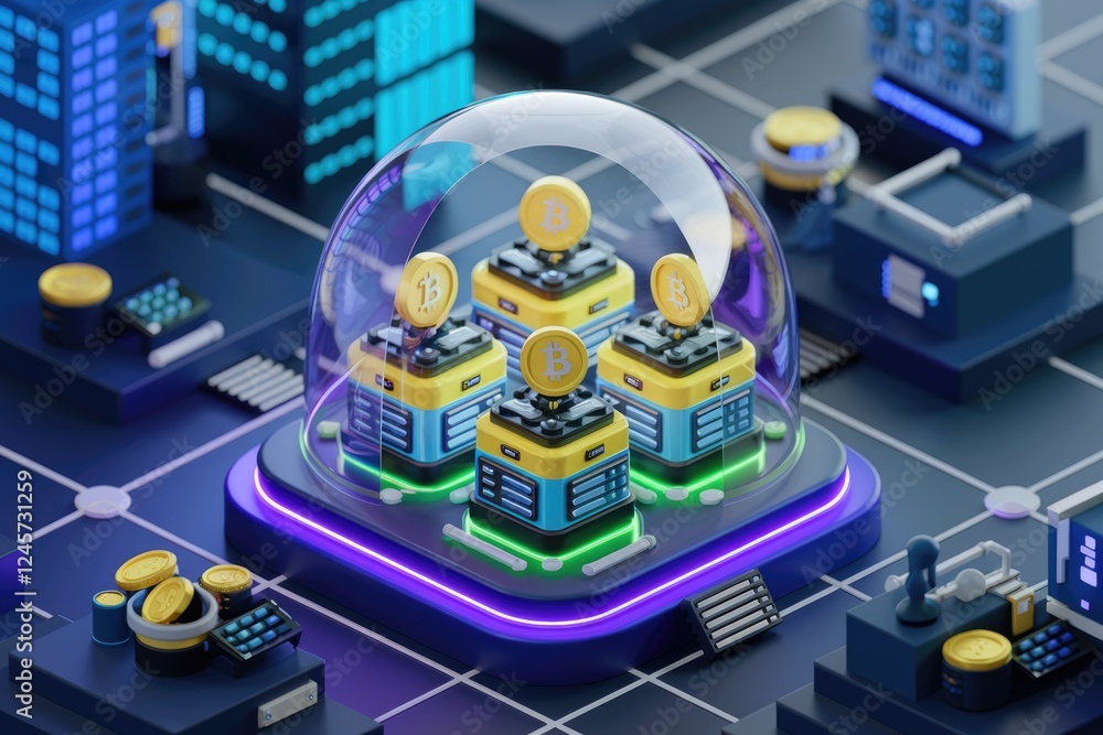 Aufkleber Secure Bitcoin mining servers under a protective dome, symbolizing cryptocurrency security and data protection.