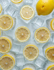 ice cubes,  lemon, visible water drop, fresh and cool for summer 