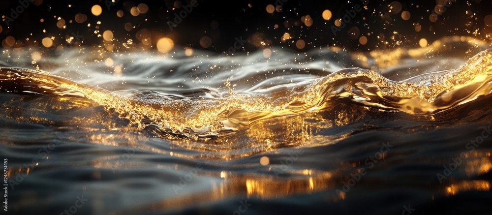 Poster abstract golden water waves in motion illuminated by sunlight with shimmering reflections on a dark 