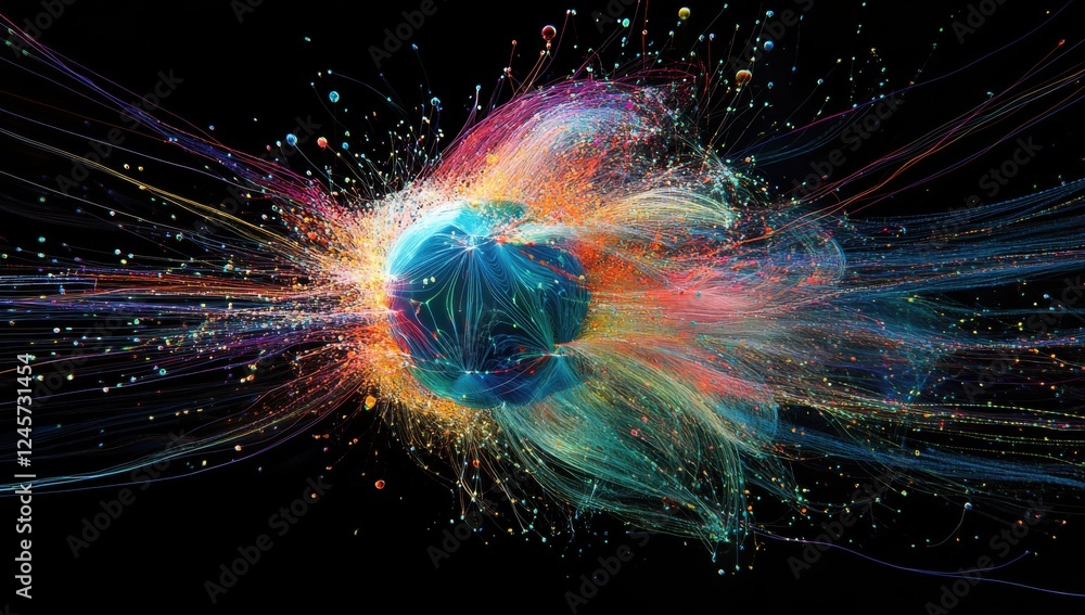 Poster Colorful Abstract Explosion of Energy with Vibrant Swirls and Dots on Dark Background Representing Dynamic Motion and Creativity