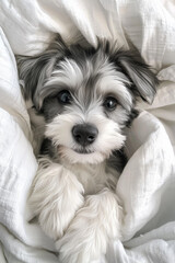 Photo of an adorable gray and white puppy in bed, paws on the edge of the pillow, looking at the camera. Cute pet wallpaper