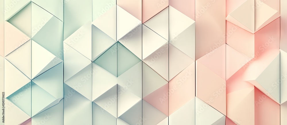 Poster pastel geometric background with soft blue and pink tones featuring 3d triangular shapes arranged in