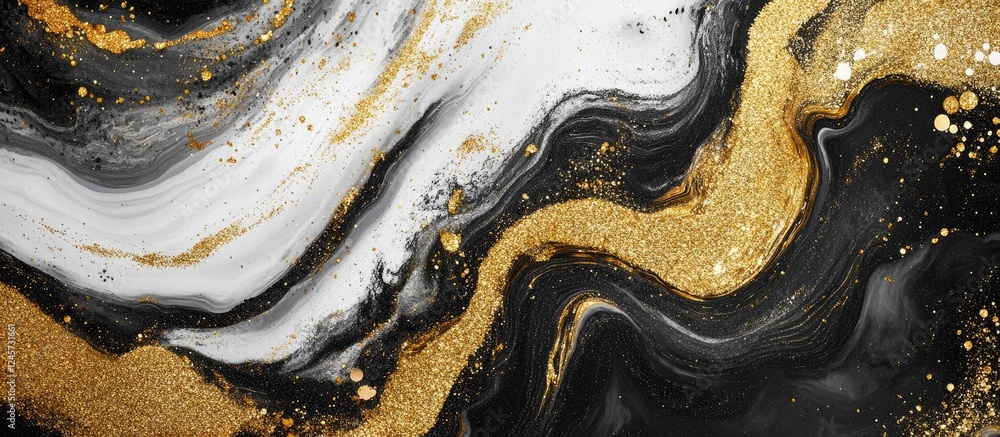 Poster abstract black and white swirling pattern with glittering gold sequins prominently placed in the cen