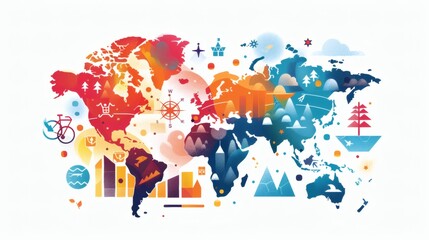 Fototapeta premium Colorful Artistic World Map Illustration with Iconic Symbols and Patterns
